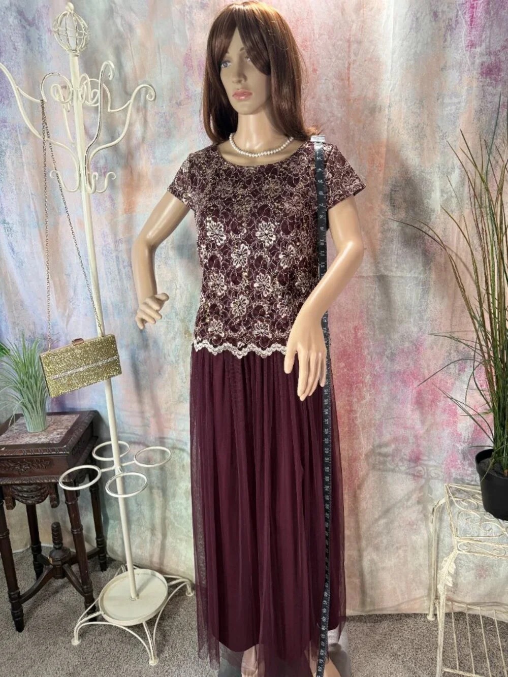 Burgundy Lace Bodice Maxi Dress with Tulle Skirt